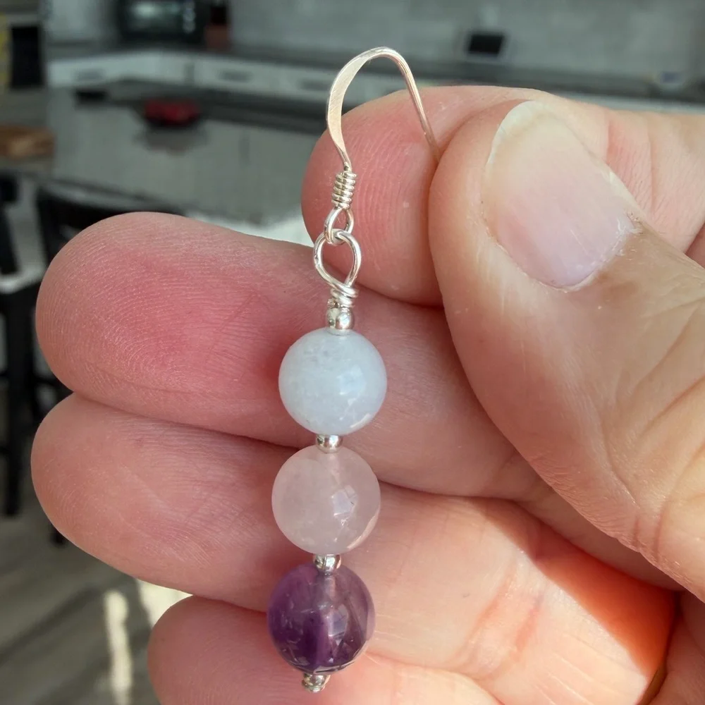 Amethyst, Rose Quartz & Aquamarine Handmade Earrings 925 Sterling Silver Hooks - Picture 5 of 6